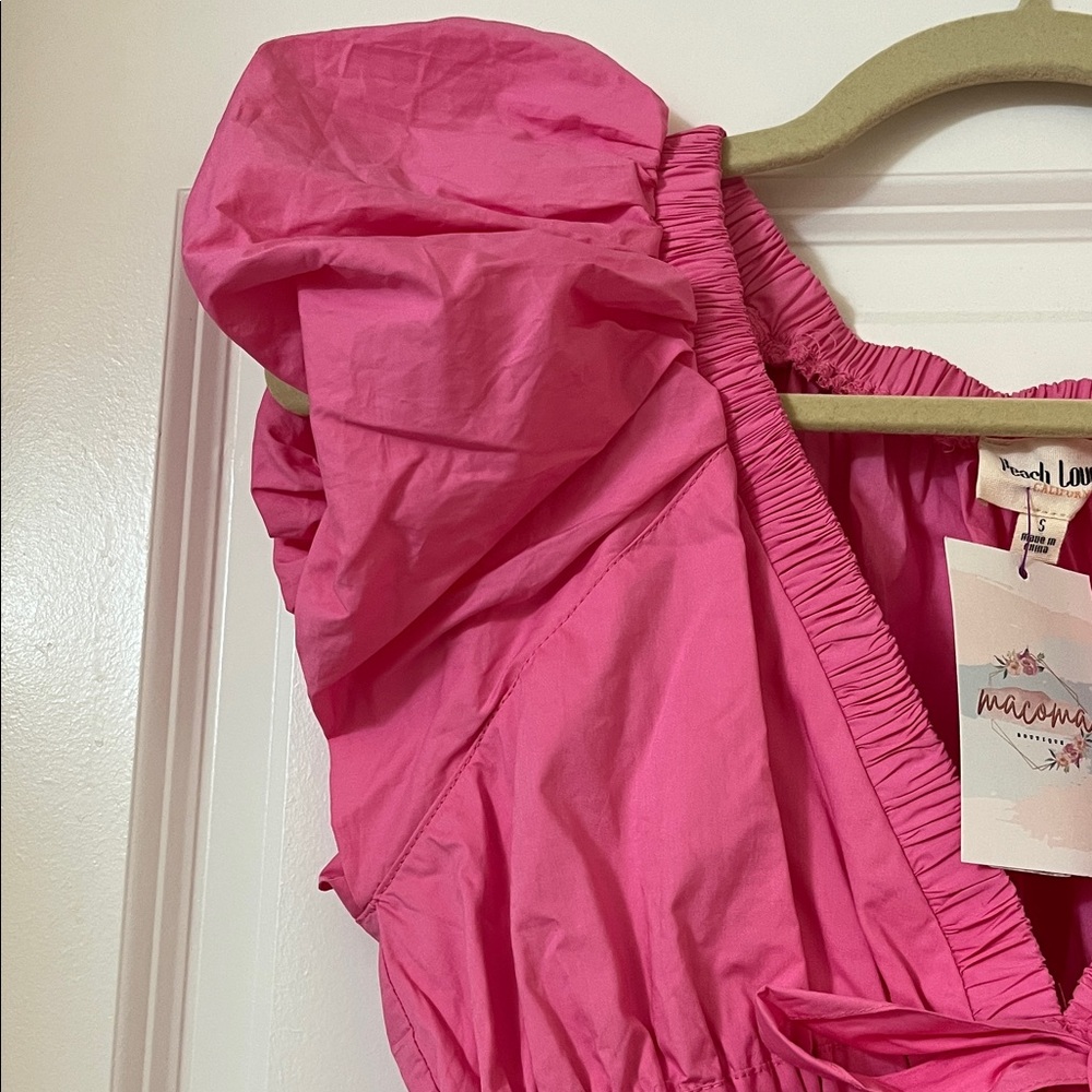 Peach Love California Bubble Hem Hot Pink Ruffle Tie-Front Mini Dress - Picture 5 of 12
